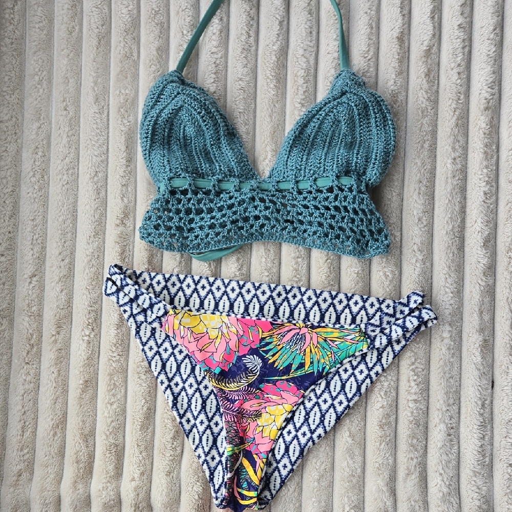 Crochet Top Teal Bikini Bundle Small